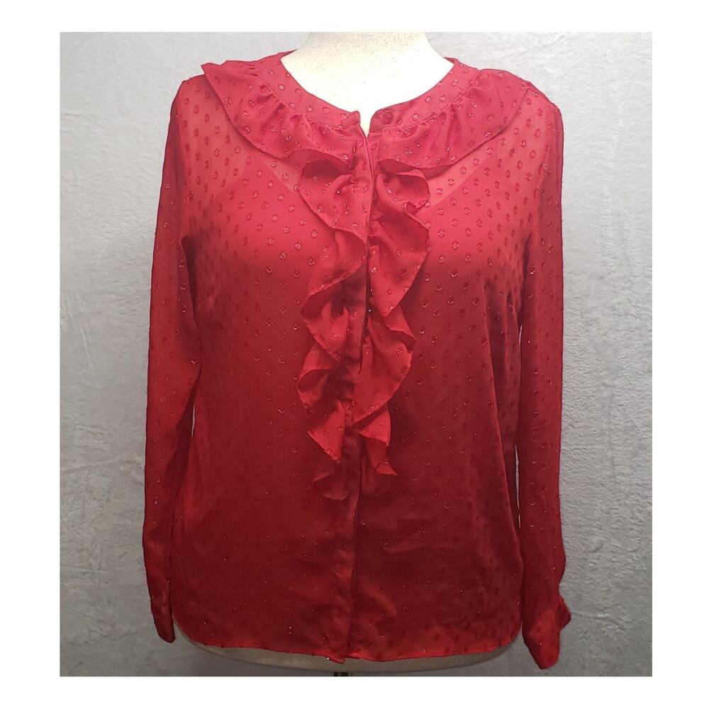 Jaclyn Smith Red Metallic Shimmer Blouse L Ruffle Sheer Victorian Whimsigoth Top
